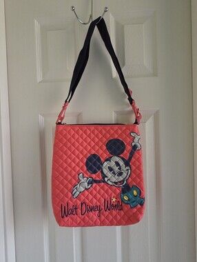 Disney Parks‎ Mickey Mouse Quilted Crossbody Bag Coral Pink Walt Disney World
